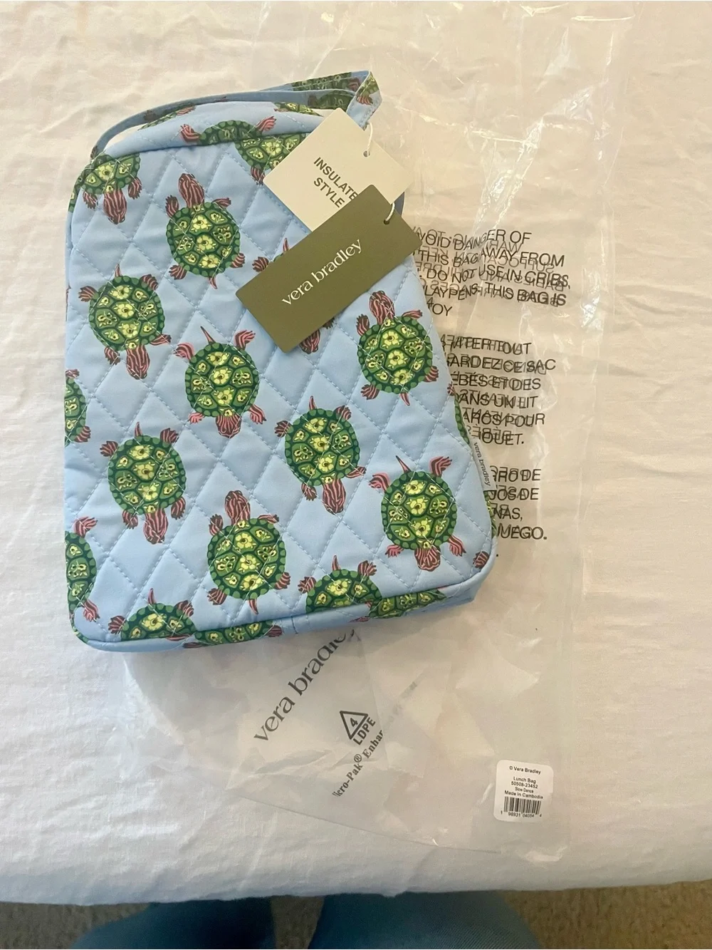 Vera Bradley Quilted Kids Lunch Bag in Light Blue with Turtle Print